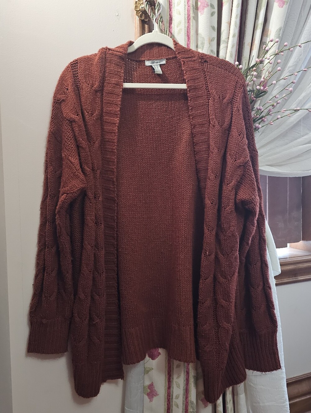 ReVamped Long Warm Auburn/Rust Cable Knit Cardigan